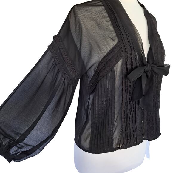 Zara Black Chiffon Tie Neck Top Size Small Balloon Sleeve Sheer Lace - Picture 3 of 9